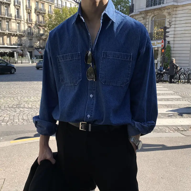 Men's Dark Blue Denim Long Sleeve Jacket with Button Front - Image 4