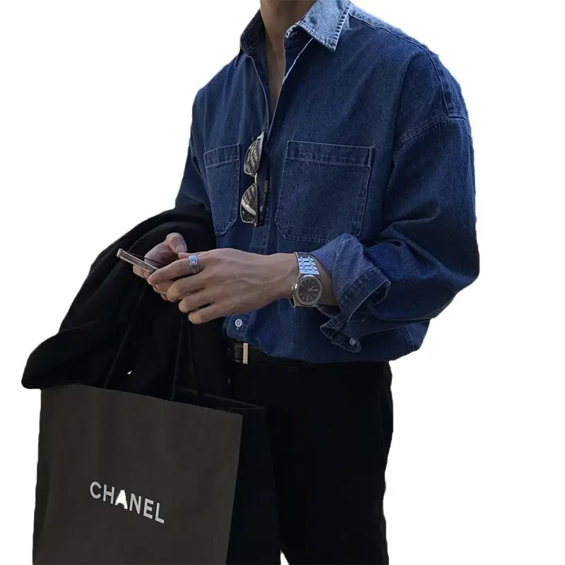 Men's Dark Blue Denim Long Sleeve Jacket with Button Front - Image 5
