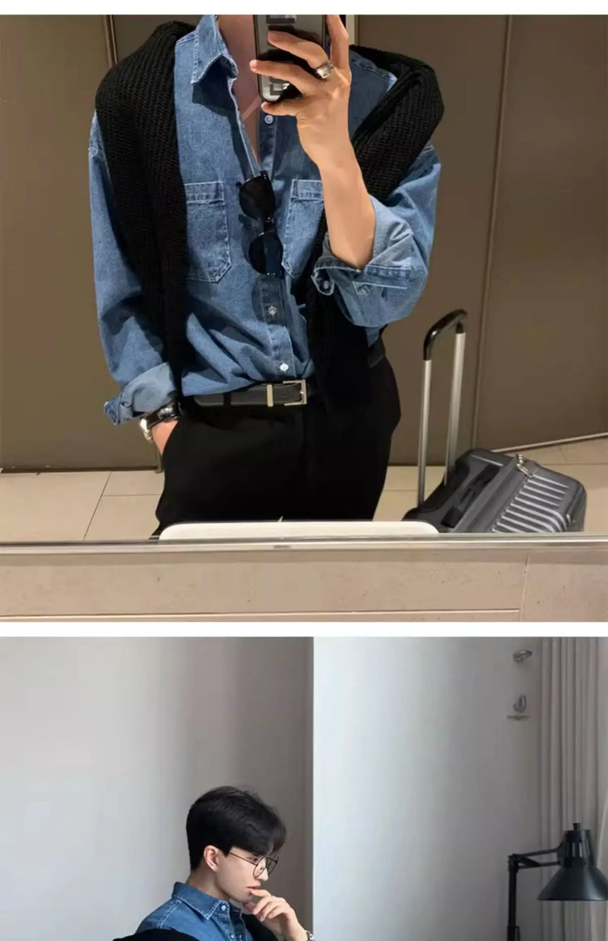 Men's Dark Blue Denim Long Sleeve Jacket with Button Front — feature 14