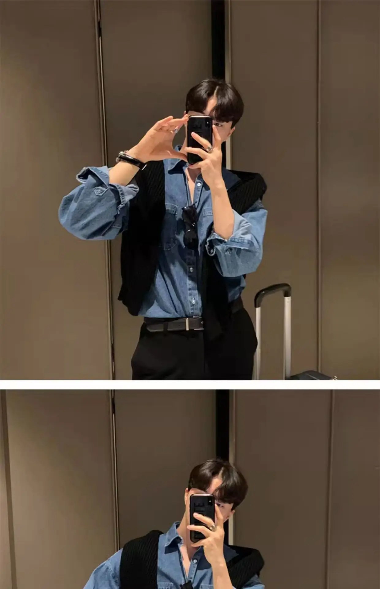 Men's Dark Blue Denim Long Sleeve Jacket with Button Front — feature 16