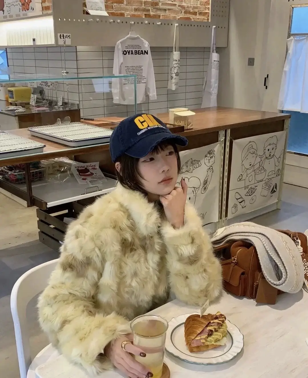 Women's Faux Fur Baseball Cap with Embroidered Design — feature 8
