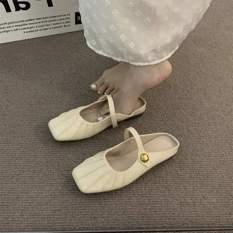 Flat Baotou Half Slippers Women's Outerwear Mary Jane Shoes 2025 New Spring and Summer Easiest for Match Lazy Mule Sandals