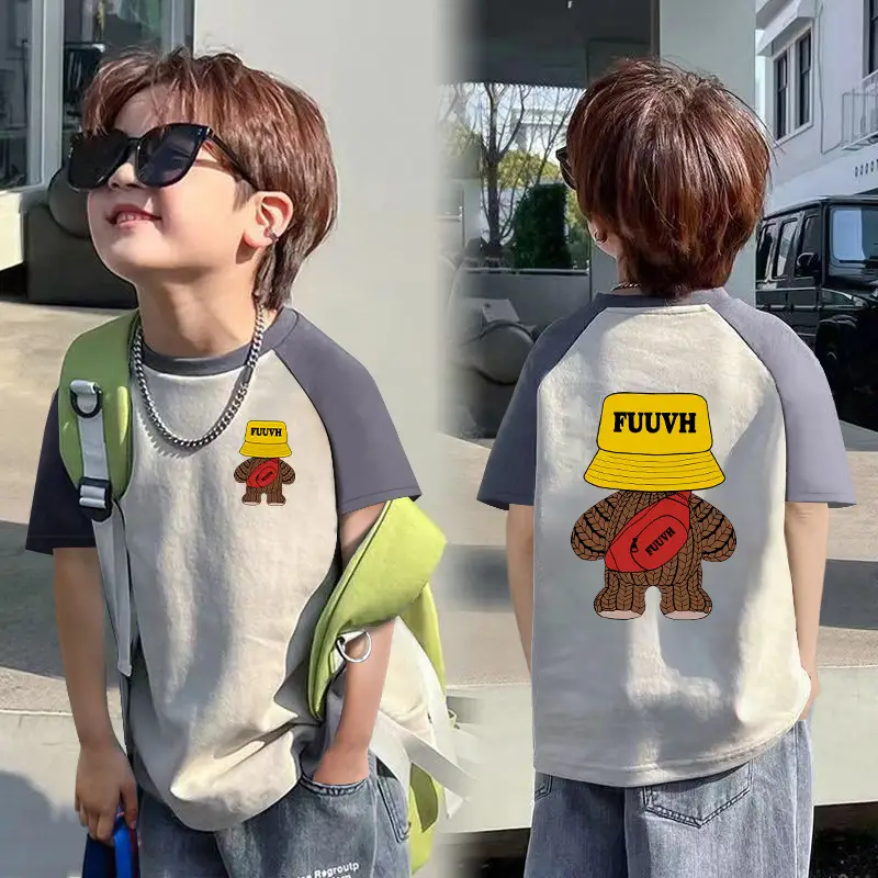 Boys T-shirt Fuyu Bear Graphic Contrast Summer Wear - Image 5