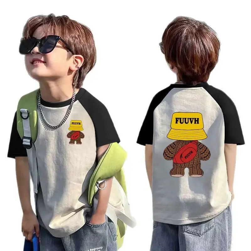 Boys T-shirt Fuyu Bear Graphic Contrast Summer Wear - Image 6