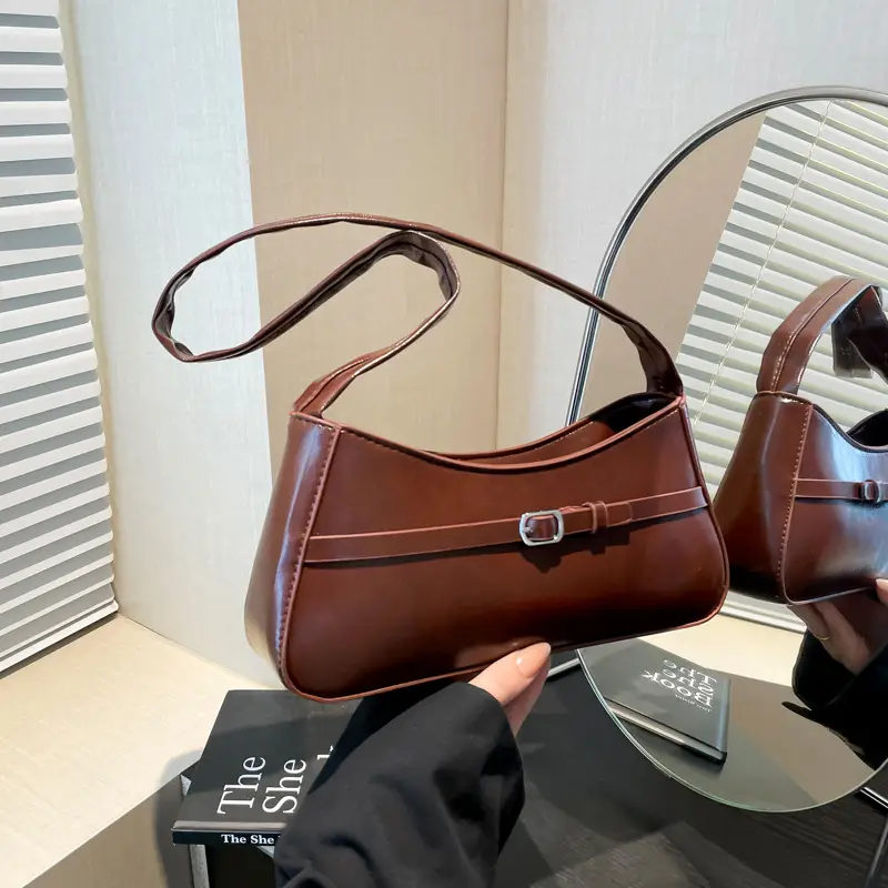 Trendy Brown French Style Shoulder Bag with Belt Buckle