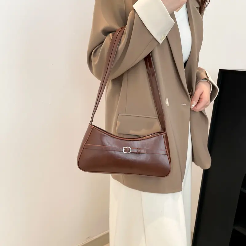 Trendy Brown French Style Shoulder Bag with Belt Buckle