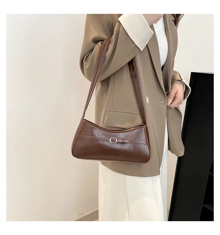 Trendy Brown French Style Shoulder Bag with Belt Buckle — feature 17