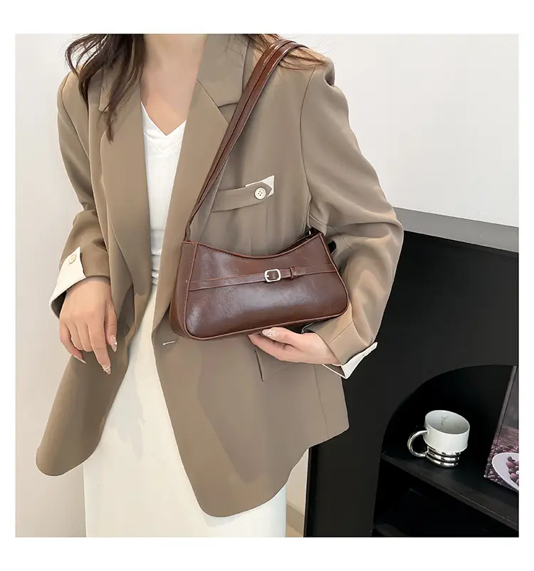 Trendy Brown French Style Shoulder Bag with Belt Buckle — feature 19