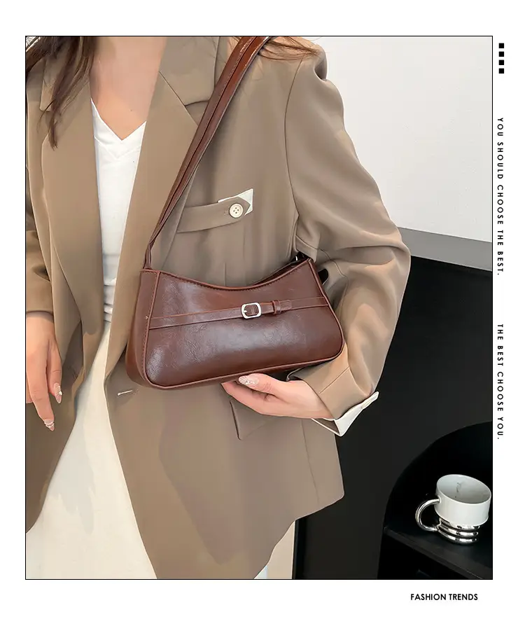 Trendy Brown French Style Shoulder Bag with Belt Buckle — feature 2