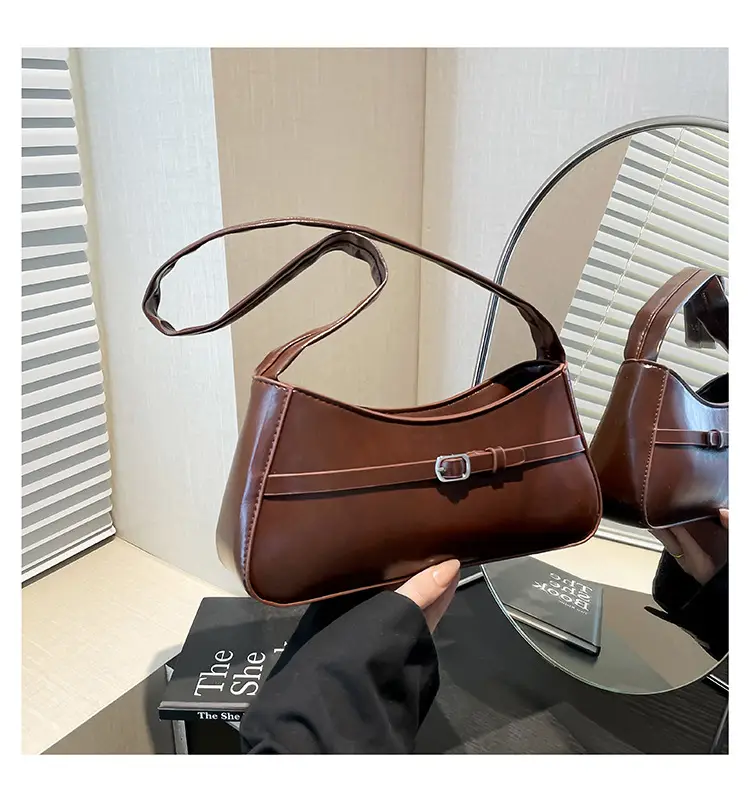 Trendy Brown French Style Shoulder Bag with Belt Buckle