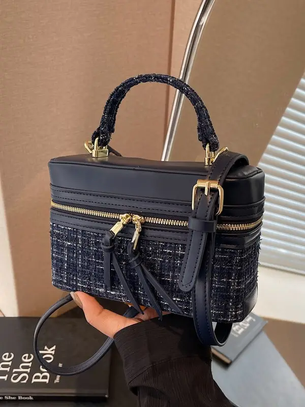 Women Woolen Crossbody Bag Blue Gold Zipper - Image 5