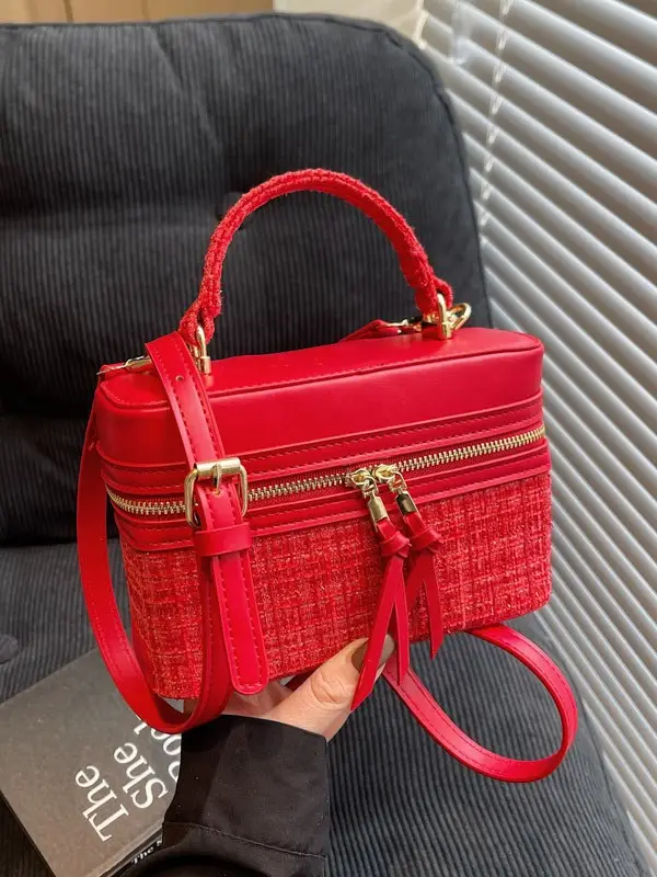 Women Woolen Crossbody Bag Blue Gold Zipper - Image 7