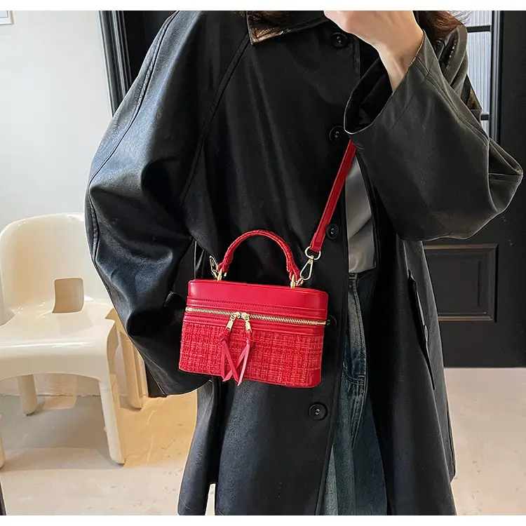 Women Woolen Crossbody Bag Blue Gold Zipper — feature 17