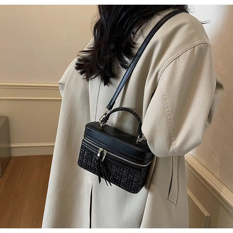 Women Woolen Crossbody Bag Blue Gold Zipper — feature 20