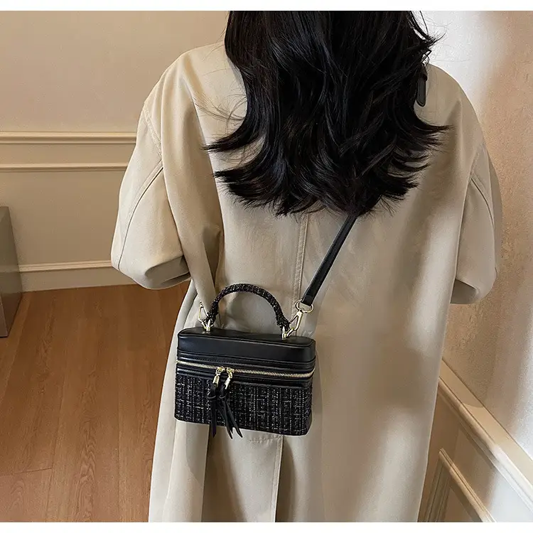 Women Woolen Crossbody Bag Blue Gold Zipper — feature 21