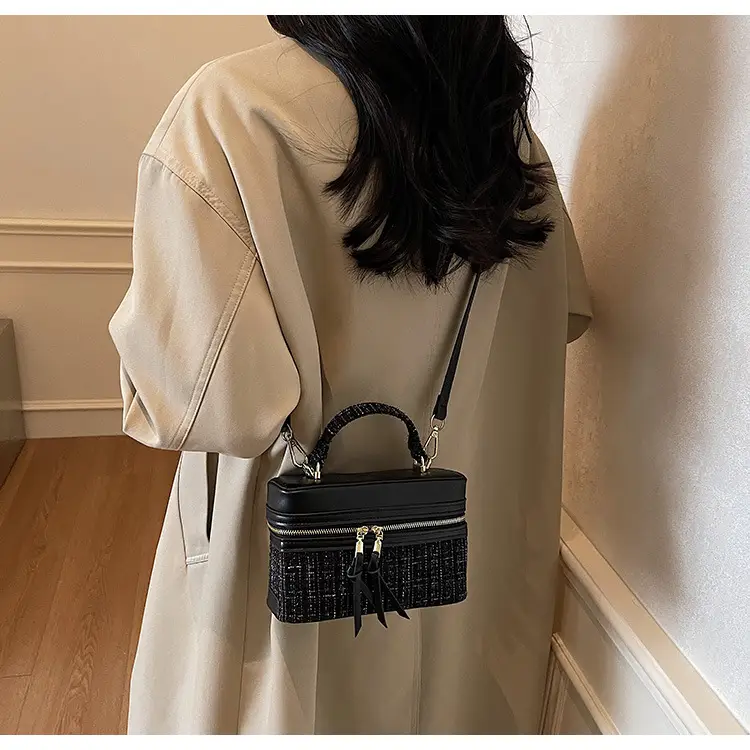 Women Woolen Crossbody Bag Blue Gold Zipper — feature 22