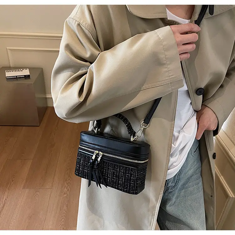 Women Woolen Crossbody Bag Blue Gold Zipper — feature 23