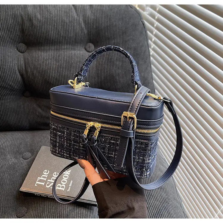 Women Woolen Crossbody Bag Blue Gold Zipper — feature 24