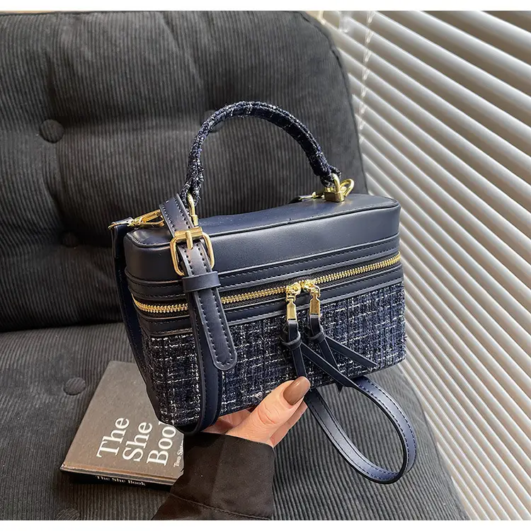 Women Woolen Crossbody Bag Blue Gold Zipper — feature 25
