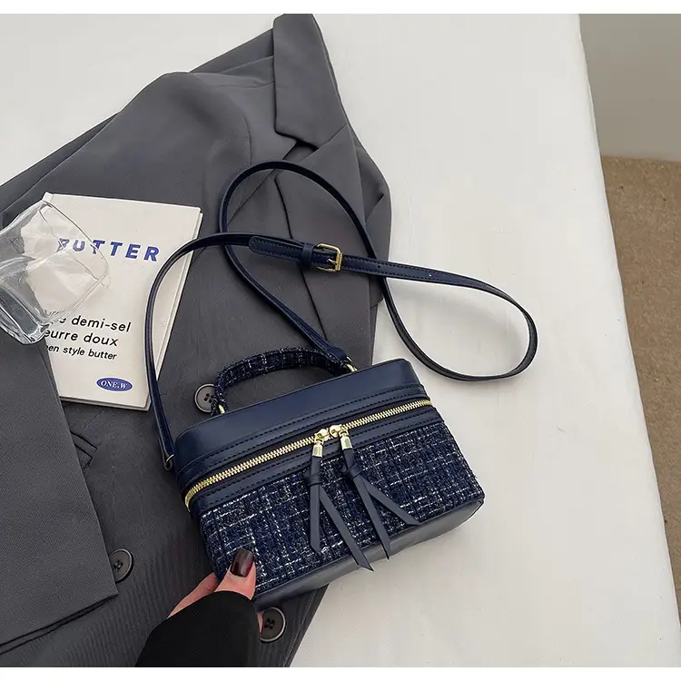 Women Woolen Crossbody Bag Blue Gold Zipper — feature 26