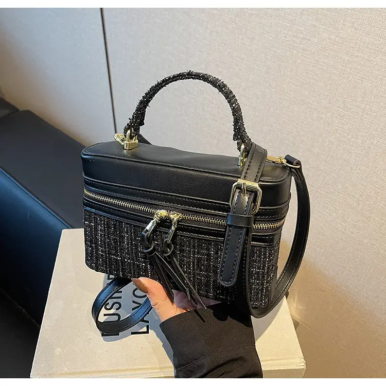 Women Woolen Crossbody Bag Blue Gold Zipper — feature 30
