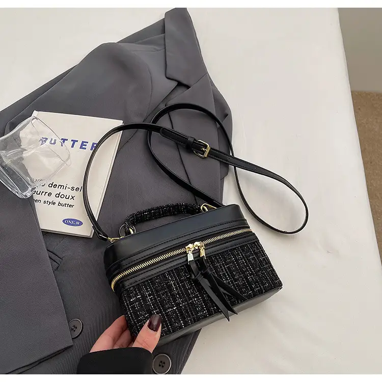 Women Woolen Crossbody Bag Blue Gold Zipper — feature 32