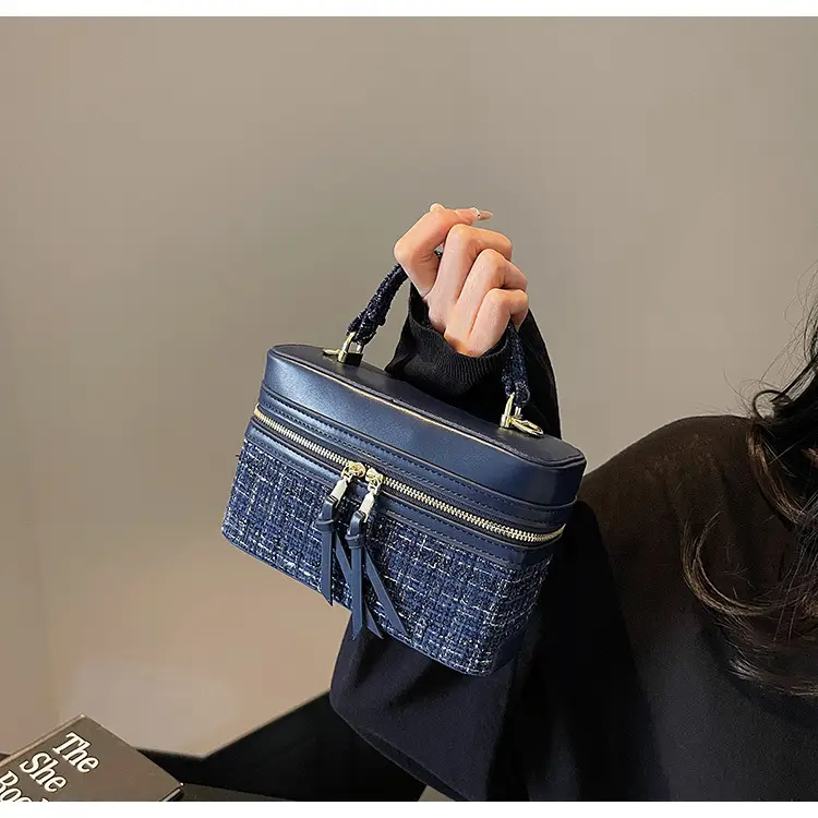 Women Woolen Crossbody Bag Blue Gold Zipper — feature 8