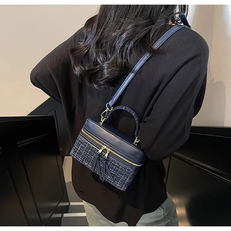 Women Woolen Crossbody Bag Blue Gold Zipper — feature 9