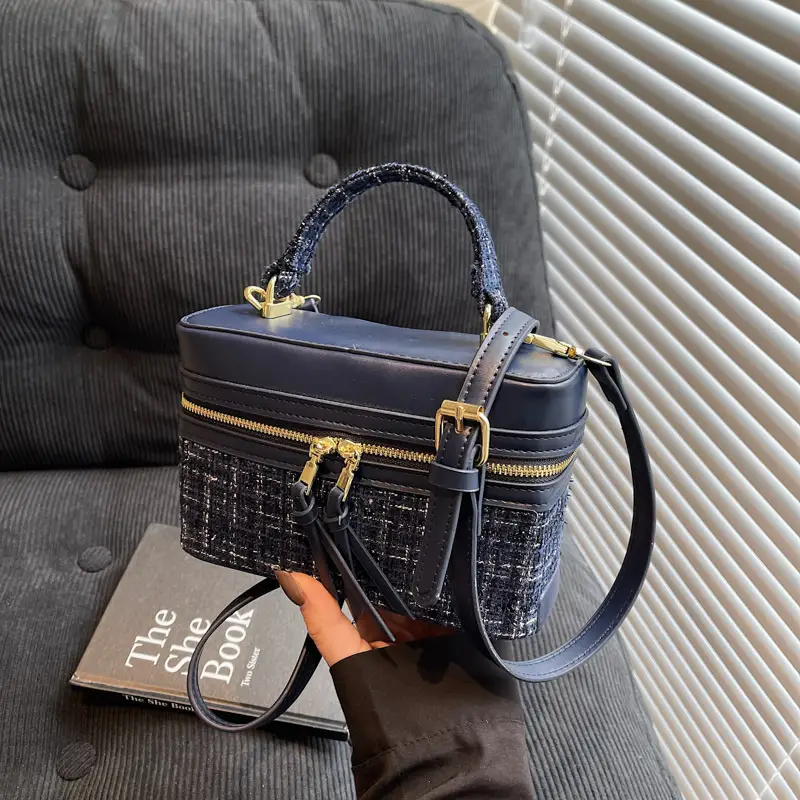 Women Woolen Crossbody Bag Blue Gold Zipper - Image 3