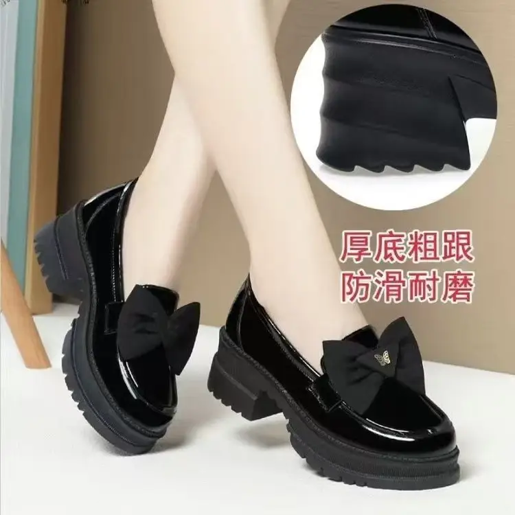 2025 Spring New Loafers Patent Leather Bow Single-layer Shoes Women's Thick Heel Thick-soled British Style Joker Small Leather Shoes