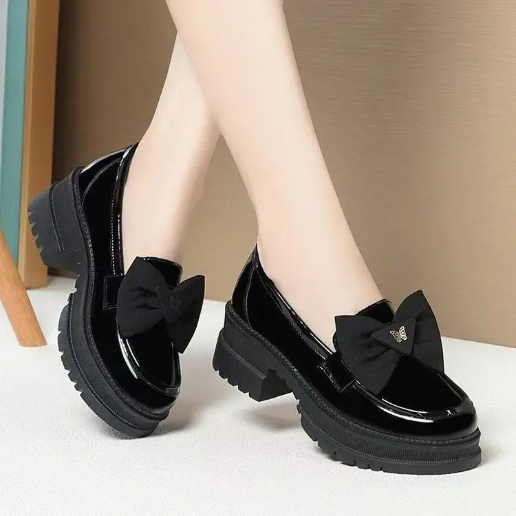 2025 Spring New Loafers Patent Leather Bow Single-layer Shoes Women's Thick Heel Thick-soled British Style Joker Small Leather Shoes