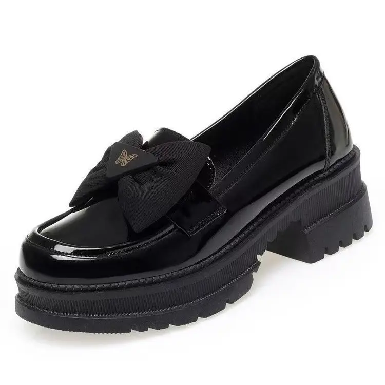 2025 Spring New Loafers Patent Leather Bow Single-layer Shoes Women's Thick Heel Thick-soled British Style Joker Small Leather Shoes