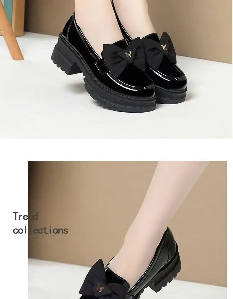 2025 Spring New Loafers Patent Leather Bow Single-layer Shoes Women's Thick Heel Thick-soled British Style Joker Small Leather Shoes — feature 14