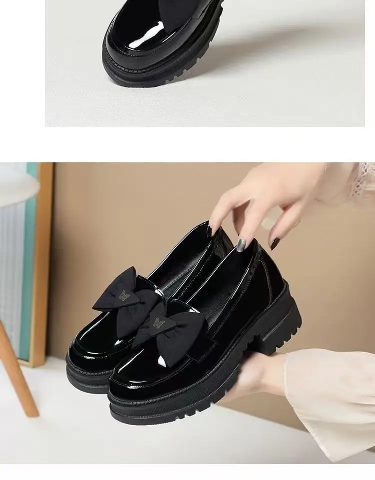 2025 Spring New Loafers Patent Leather Bow Single-layer Shoes Women's Thick Heel Thick-soled British Style Joker Small Leather Shoes — feature 15