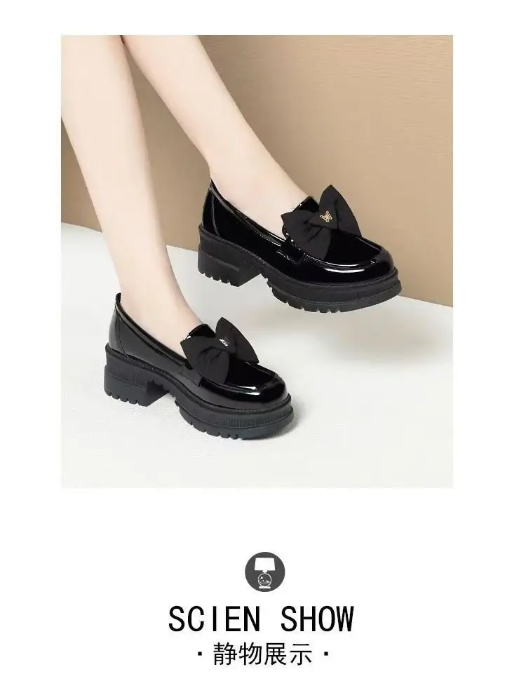 2025 Spring New Loafers Patent Leather Bow Single-layer Shoes Women's Thick Heel Thick-soled British Style Joker Small Leather Shoes — feature 16