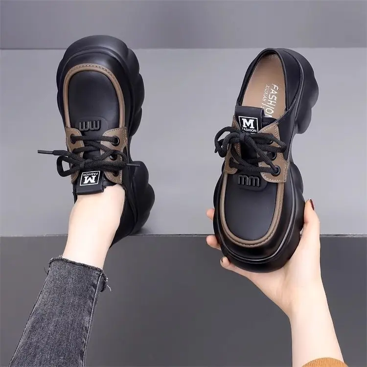 Thick-soled loafers British-style small leather shoes 2025 spring new lace-up muffin versatile heightening retro single-layer shoes - Image 3