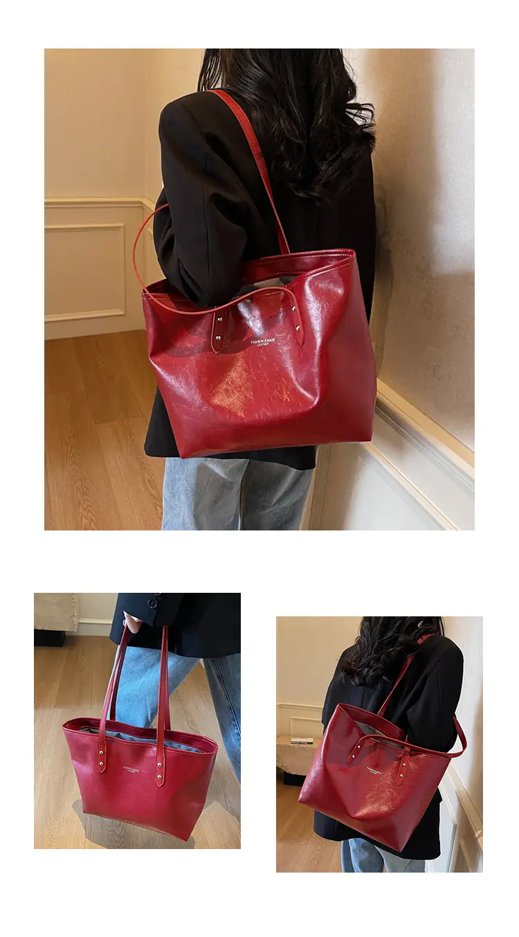 Women's Red Oil Leather Tote Bag Large Capacity 2025 — feature 24