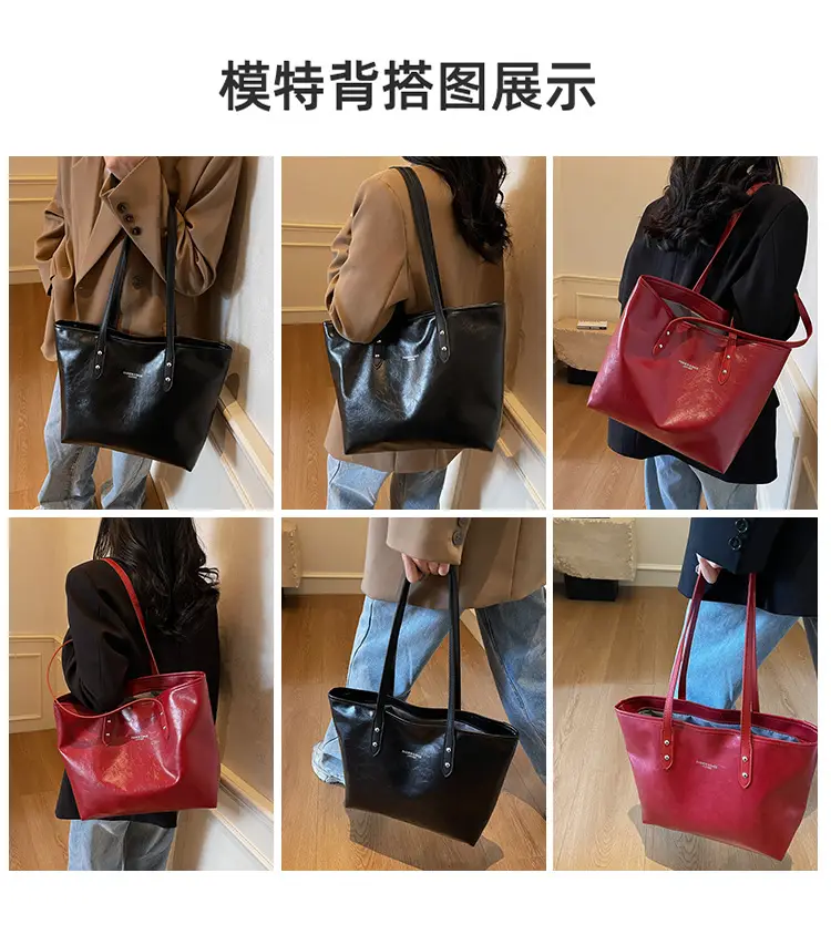 Women's Red Oil Leather Tote Bag Large Capacity 2025 — feature 8