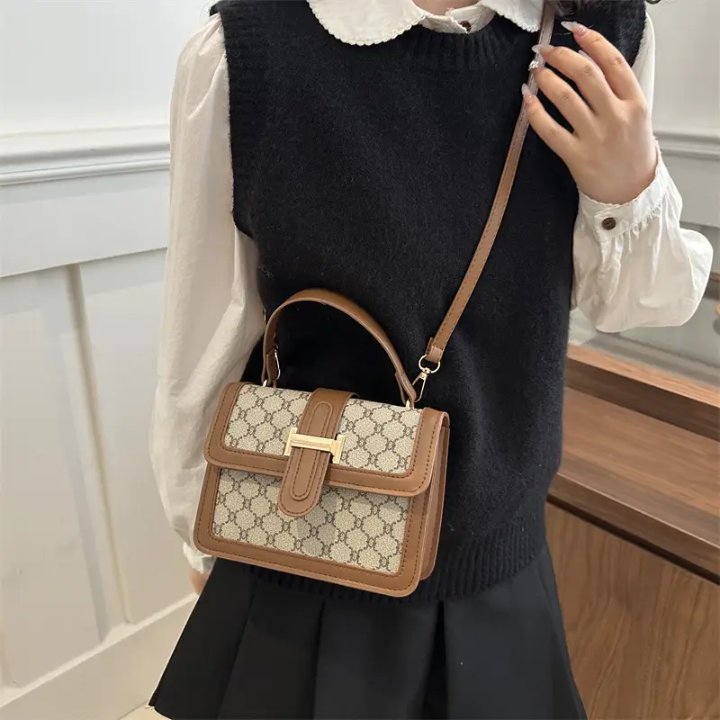 Women Retro Printed Shoulder Bag Brown White - Image 6