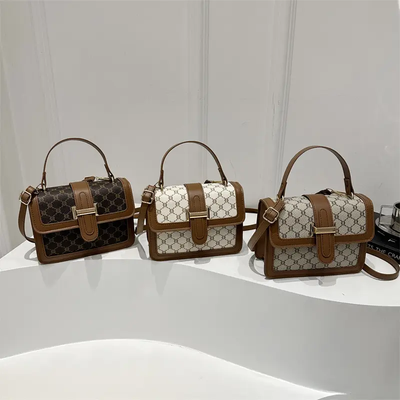 Women Retro Printed Shoulder Bag Brown White - Image 7