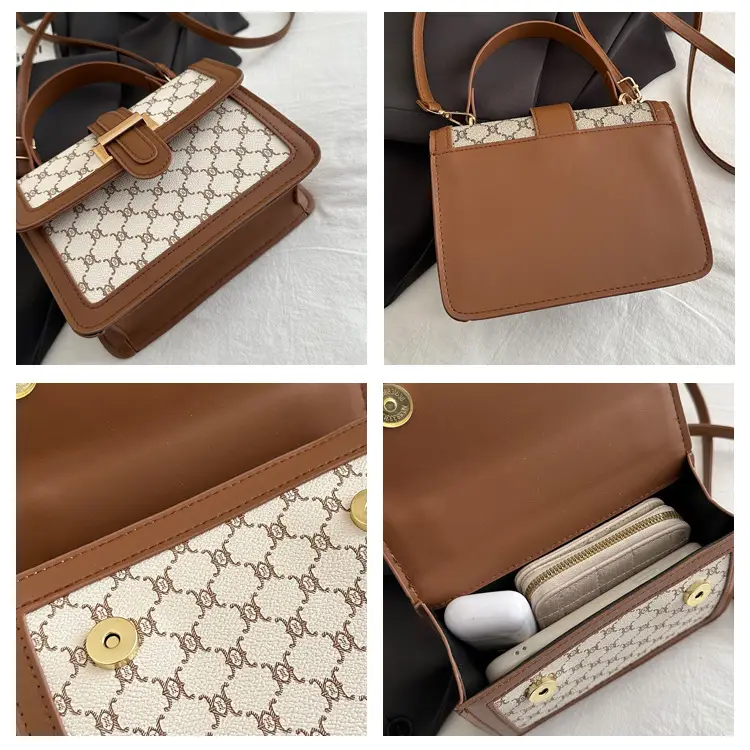 Women Retro Printed Shoulder Bag Brown White — feature 9