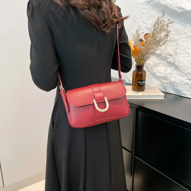 Women's Korean Style Red Shoulder Bag with Horseshoe Buckle - Image 6
