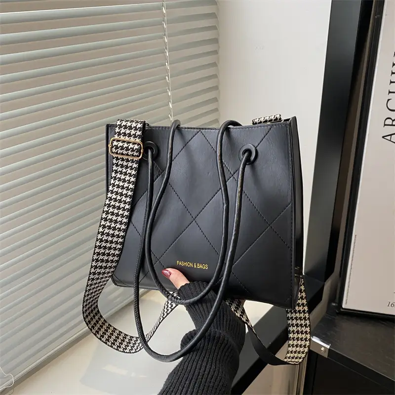 Women's Brown Crossbody Bag with Houndstooth Strap - Image 6
