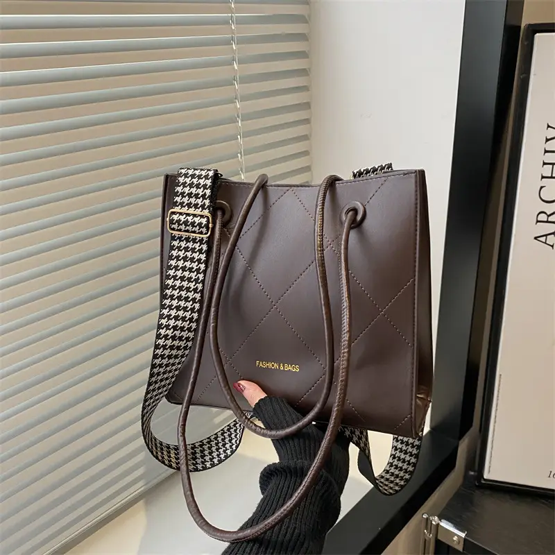 Women's Brown Crossbody Bag with Houndstooth Strap - Image 8