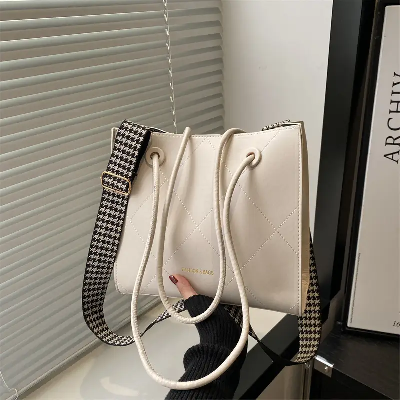 Women's Brown Crossbody Bag with Houndstooth Strap - Image 9