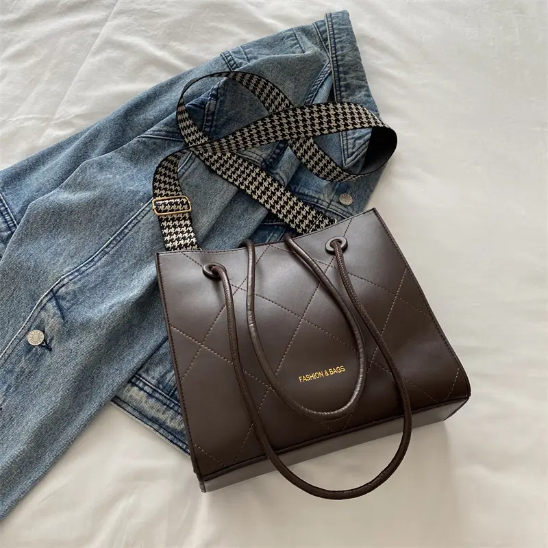Women's Brown Crossbody Bag with Houndstooth Strap - Image 3