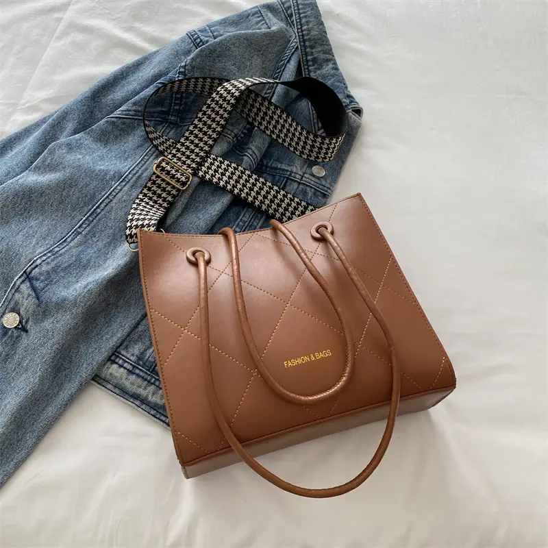 Women's Brown Crossbody Bag with Houndstooth Strap - Image 4