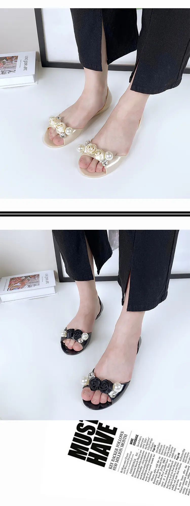 Pearl Flower Rose Peep Toe All Season Flat Shoes — feature 12