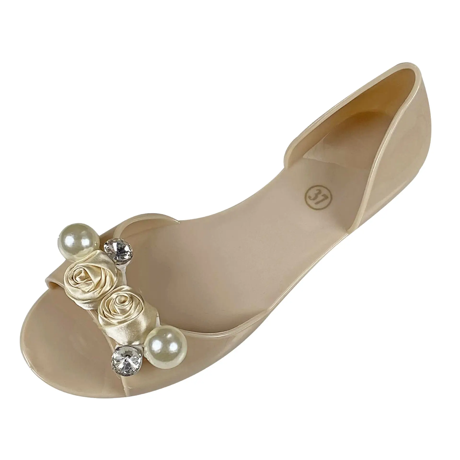 Pearl Flower Rose Peep Toe All Season Flat Shoes