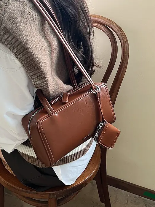 Women's 1-Piece Leather Shoulder Bag Beige 2025 Spring Summer - Image 7